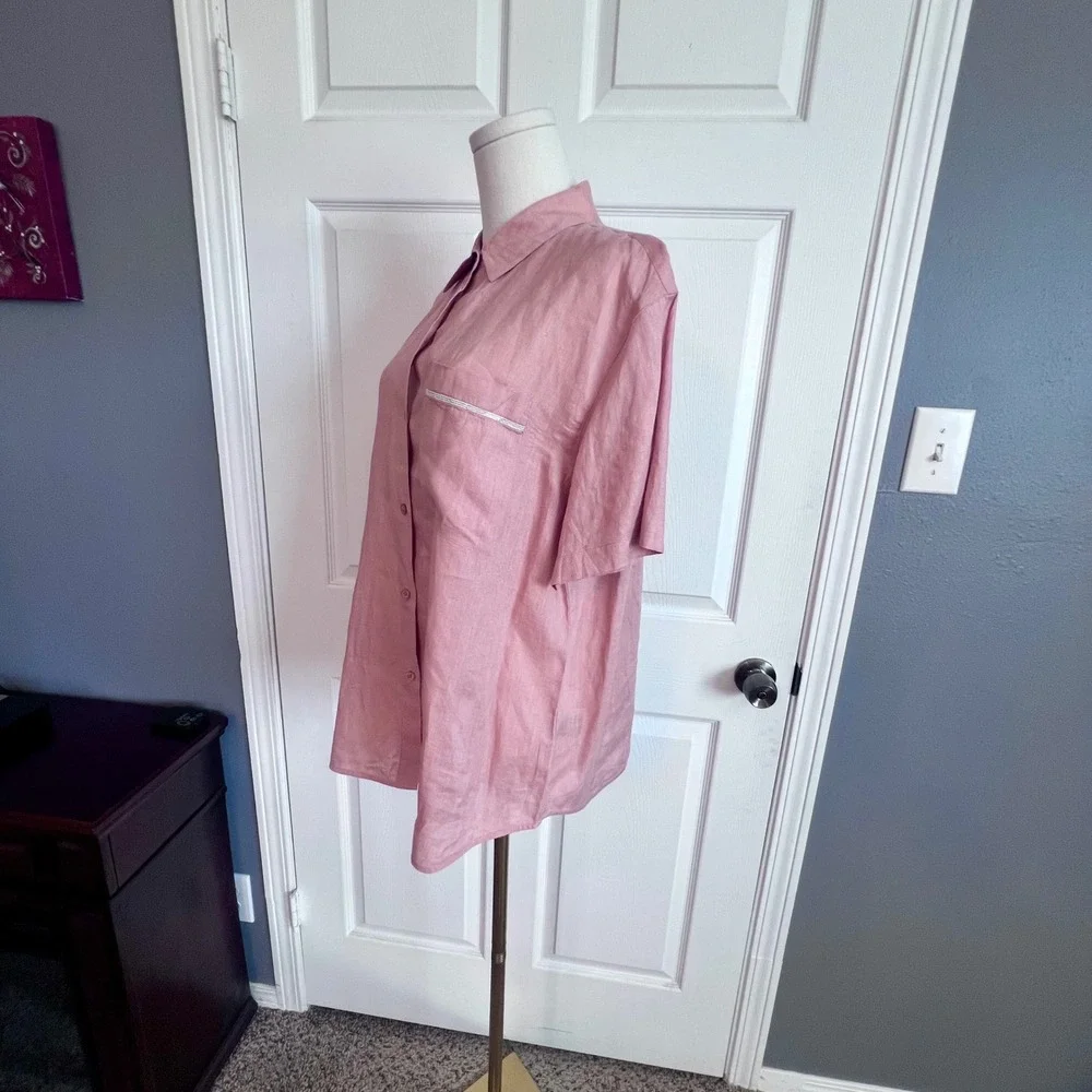 Lafayette 148 New York Pink 100% Linen Short Sleeve Button Down Shirt Women's L - Picture 3 of 9